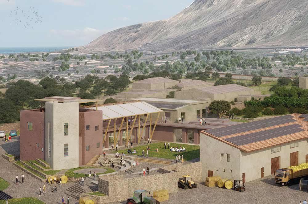 Render della community farm LAND a Terrasini - vista d'insieme con impianto agrivoltaico