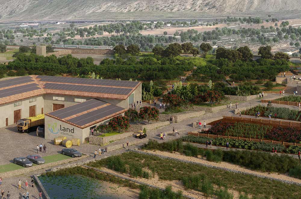 Render della community farm LAND - spazi comunitari e percorsi pedonali