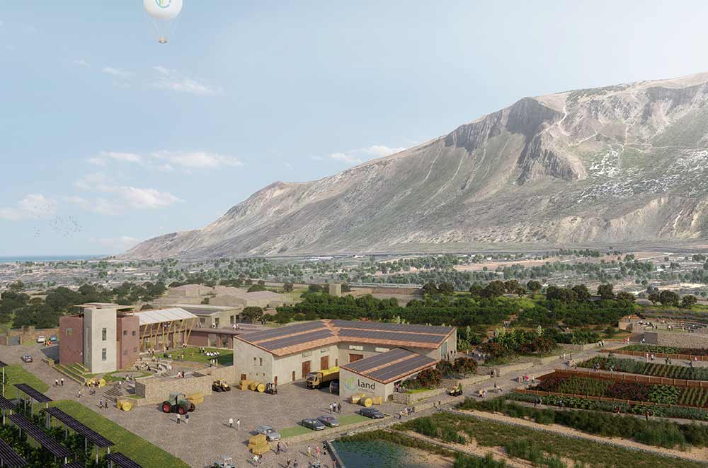 Render della community farm LAND - area fitodepurazione e paesaggio produttivo