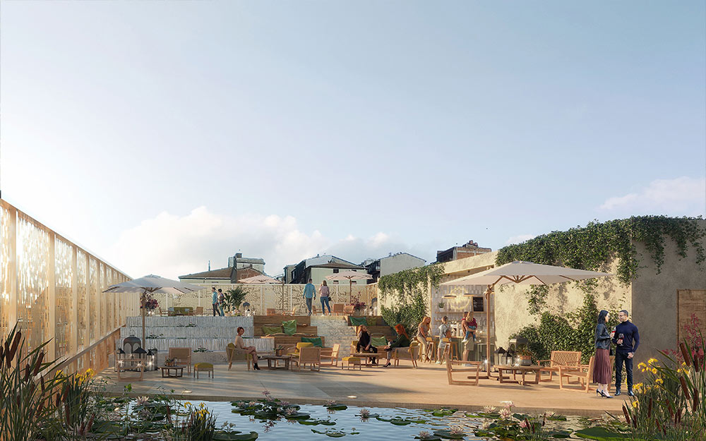 Render del Polo Fieristico di Valledolmo - vista notturna degli spazi espositivi