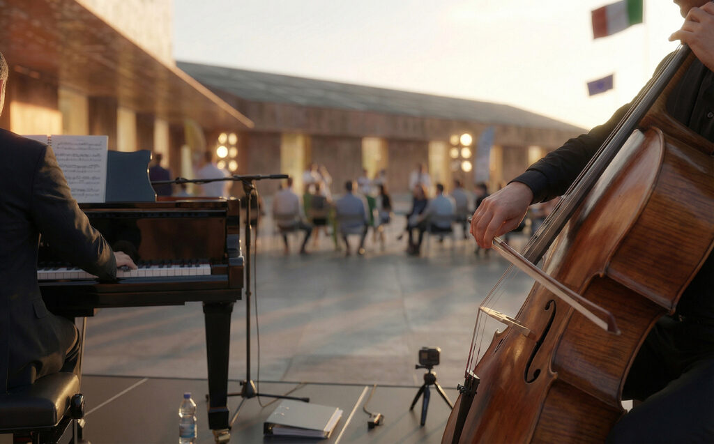 Render architettonico della Fiera di Valledolmo selezionato su CG Connect - visualizzazione notturna